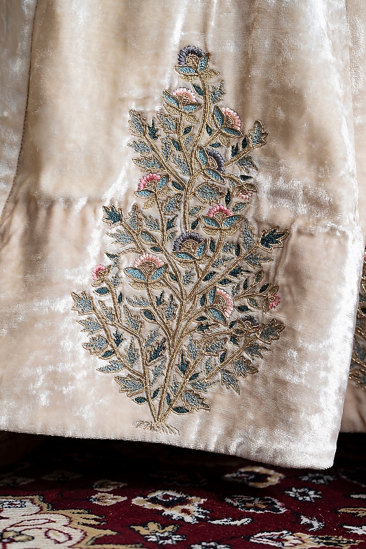 Beige Velvet Hand Embroidered Wedding Lehenga Set by Weaverstory at Pernia's Pop Up Shop