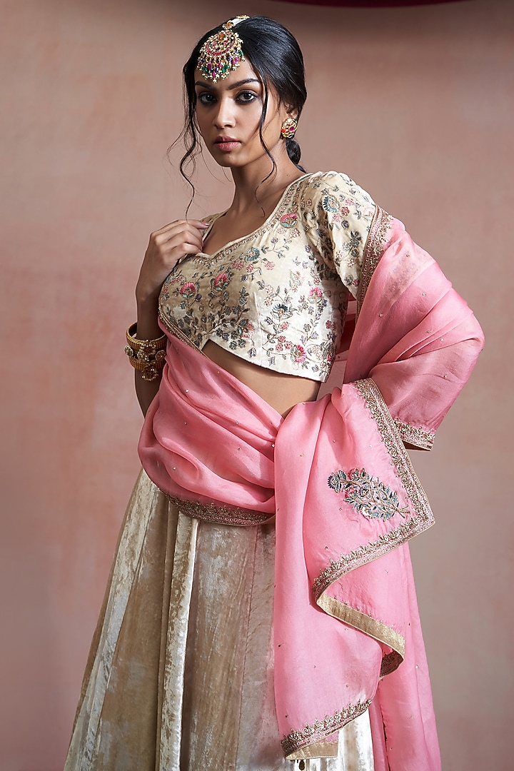 Beige Velvet Hand Embroidered Wedding Lehenga Set by Weaverstory at Pernia's Pop Up Shop