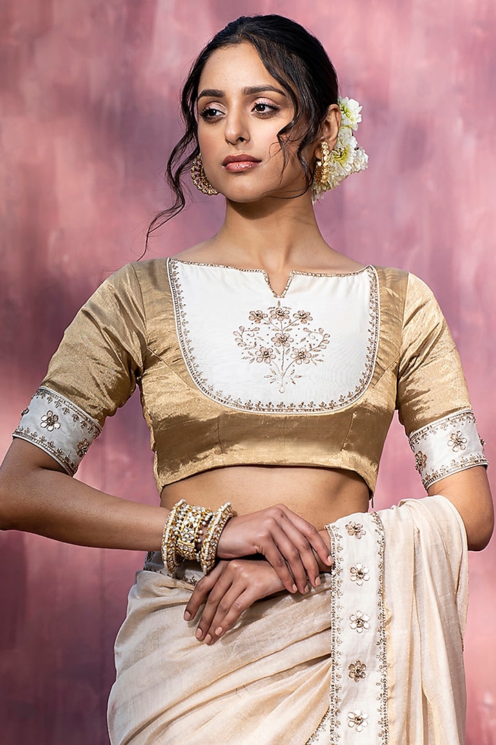 Off-White & Gold Chanderi Silk Hand Embroidered Blouse by Weaverstory