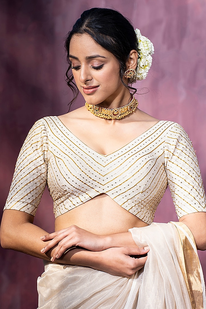 Off-White & Gold Chanderi Silk Hand Embroidered Blouse by Weaverstory