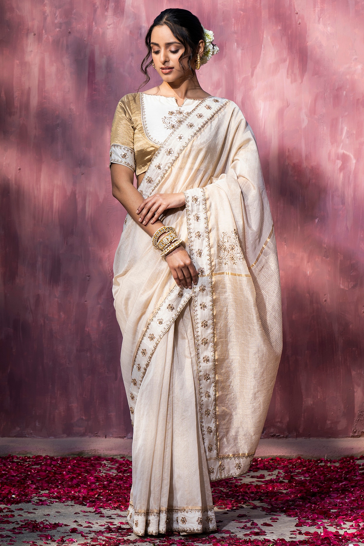 Buy Cream White Handloom Saree In Chanderi Silk With Zardosi Work And  Weaved Design KALKI Fashion India