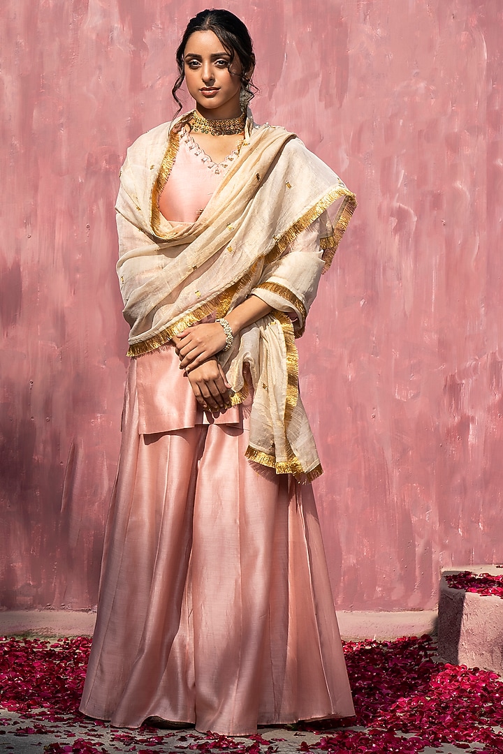 Pink Chanderi Silk Party Wear Sharara Set by Weaverstory at Pernia's Pop Up Shop