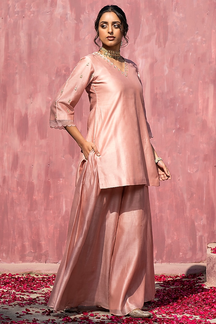 Pink Chanderi Silk Party Wear Sharara Set by Weaverstory at Pernia's Pop Up Shop