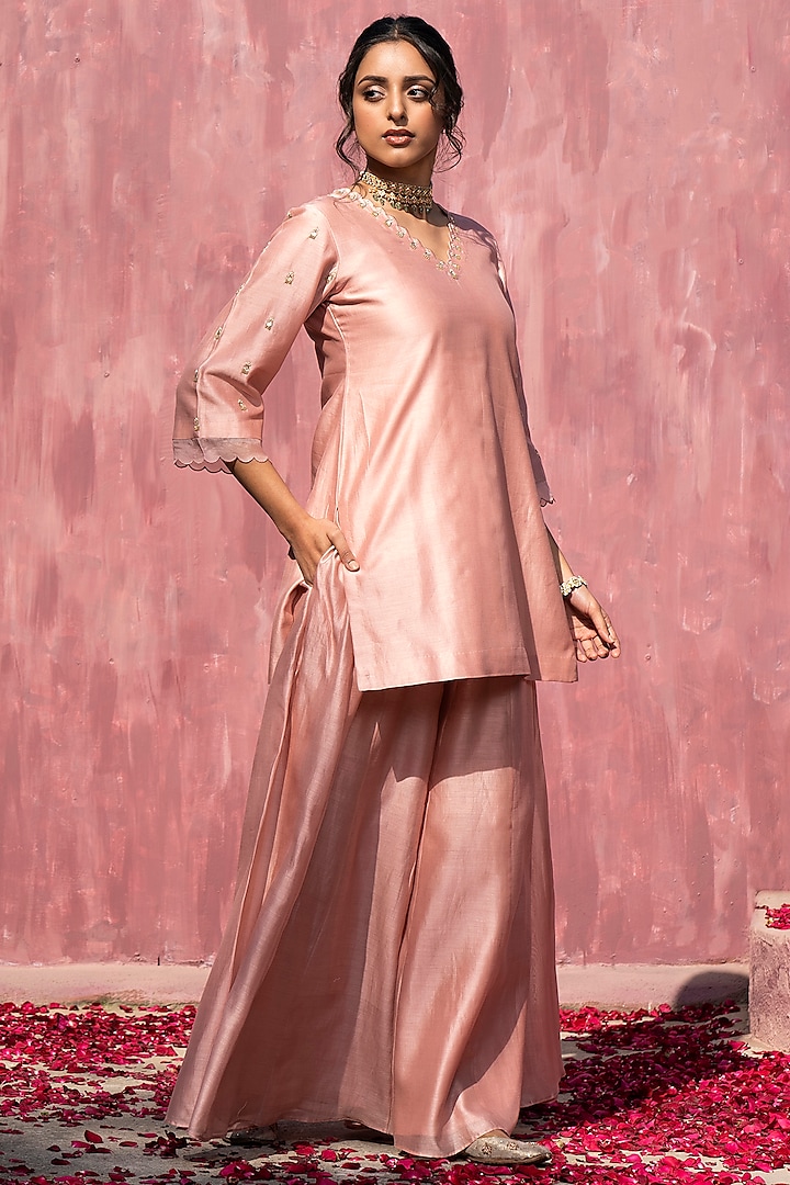 Pink Chanderi Silk Party Wear Sharara Set by Weaverstory at Pernia's Pop Up Shop