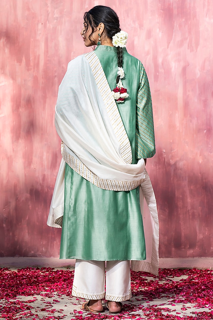 Blue Chanderi Silk A-Line Kurta Set by Weaverstory at Pernia's Pop Up Shop