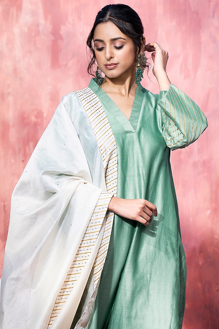 Blue Chanderi Silk A-Line Kurta Set by Weaverstory at Pernia's Pop Up Shop