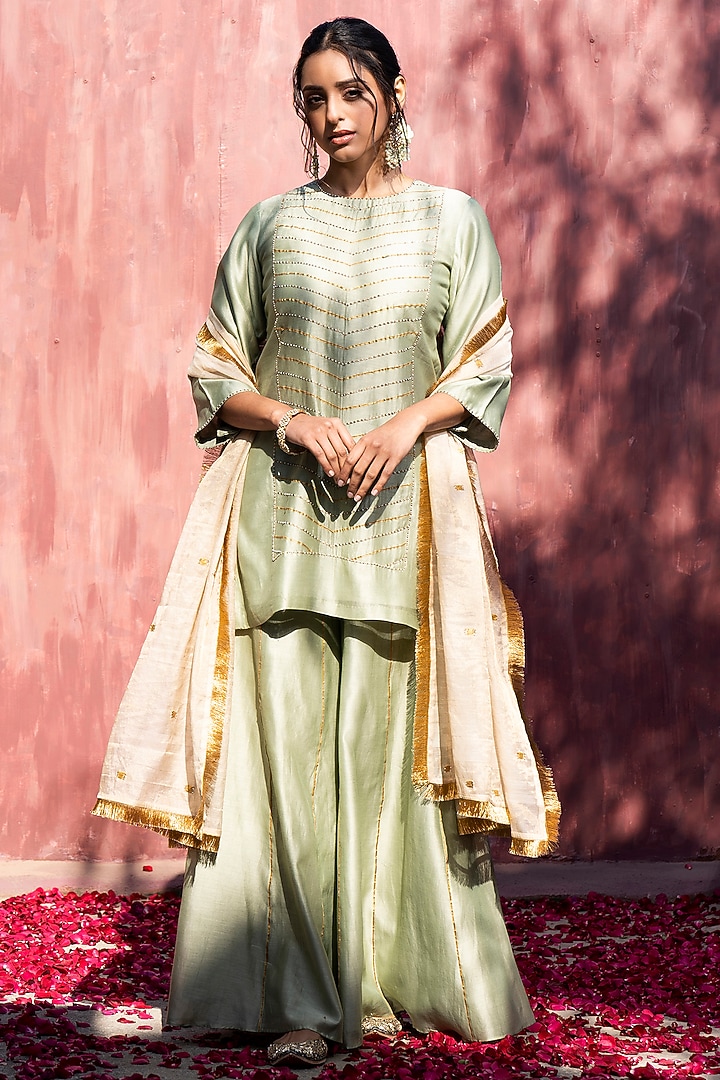 Pista Green Chanderi Silk Party Wear Sharara Set by Weaverstory at Pernia's Pop Up Shop