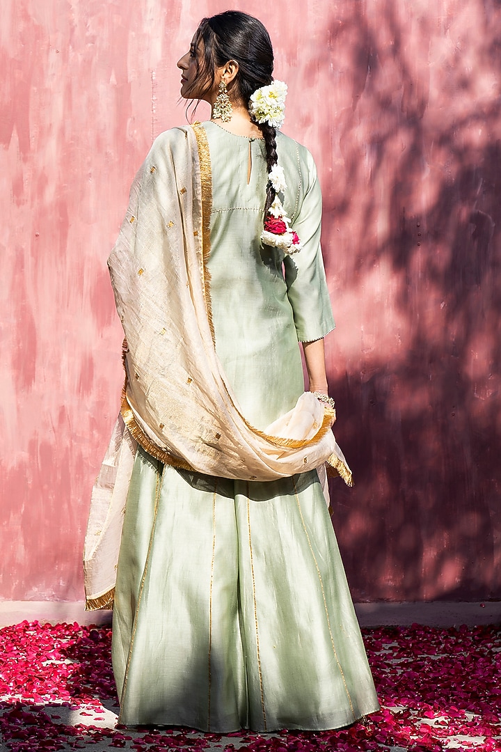 Pista Green Chanderi Silk Party Wear Sharara Set by Weaverstory at Pernia's Pop Up Shop