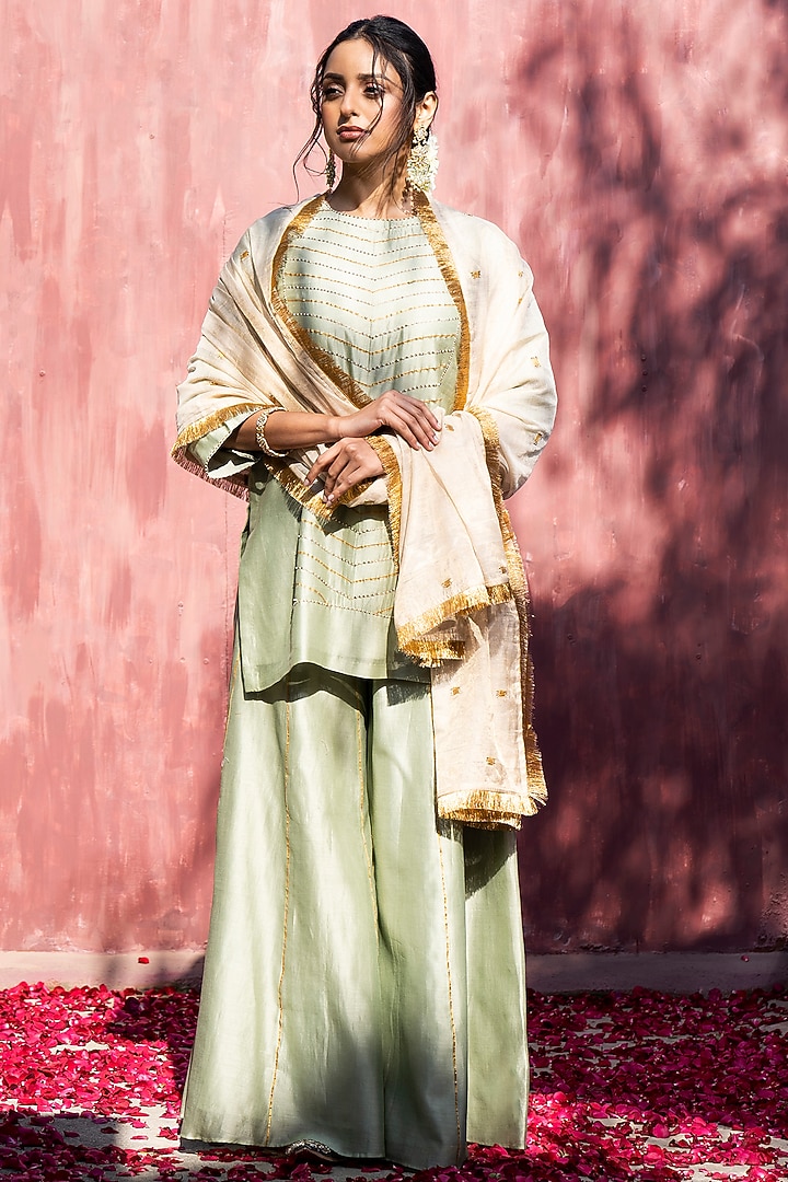 Pista Green Chanderi Silk Party Wear Sharara Set by Weaverstory at Pernia's Pop Up Shop