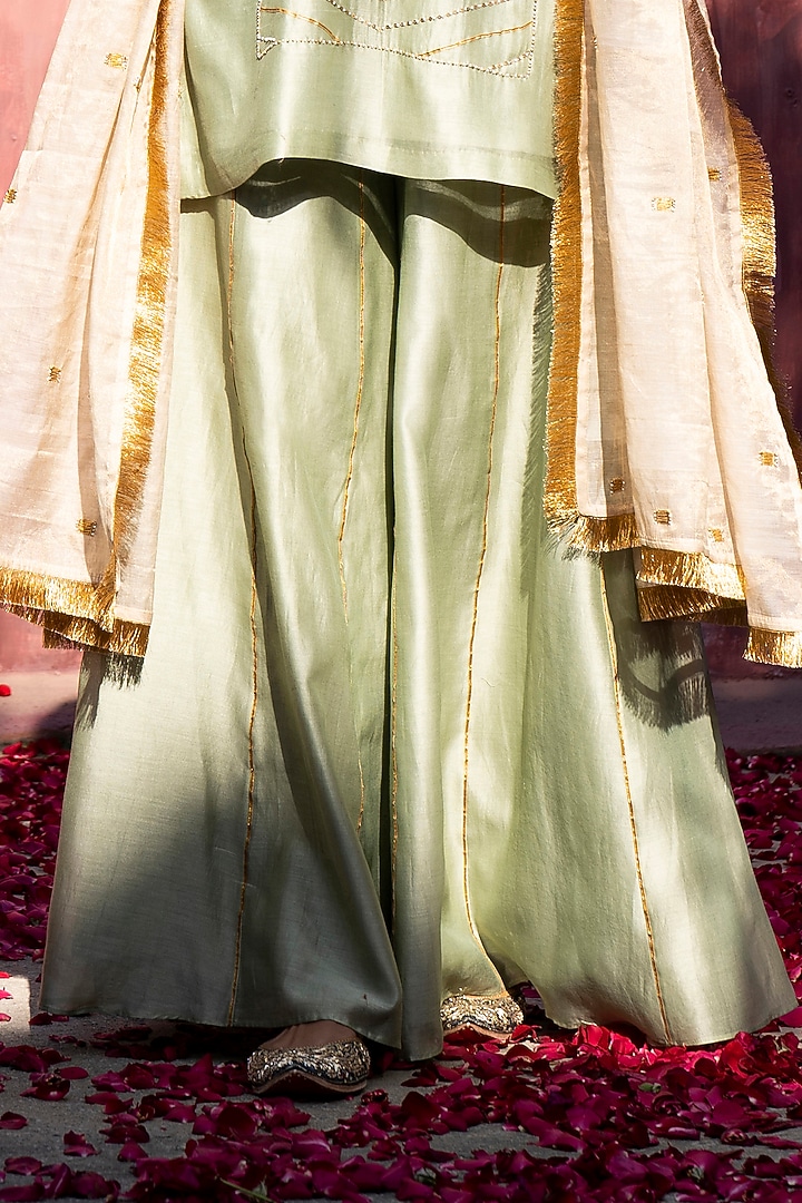 Pista Green Chanderi Silk Party Wear Sharara Set by Weaverstory at Pernia's Pop Up Shop