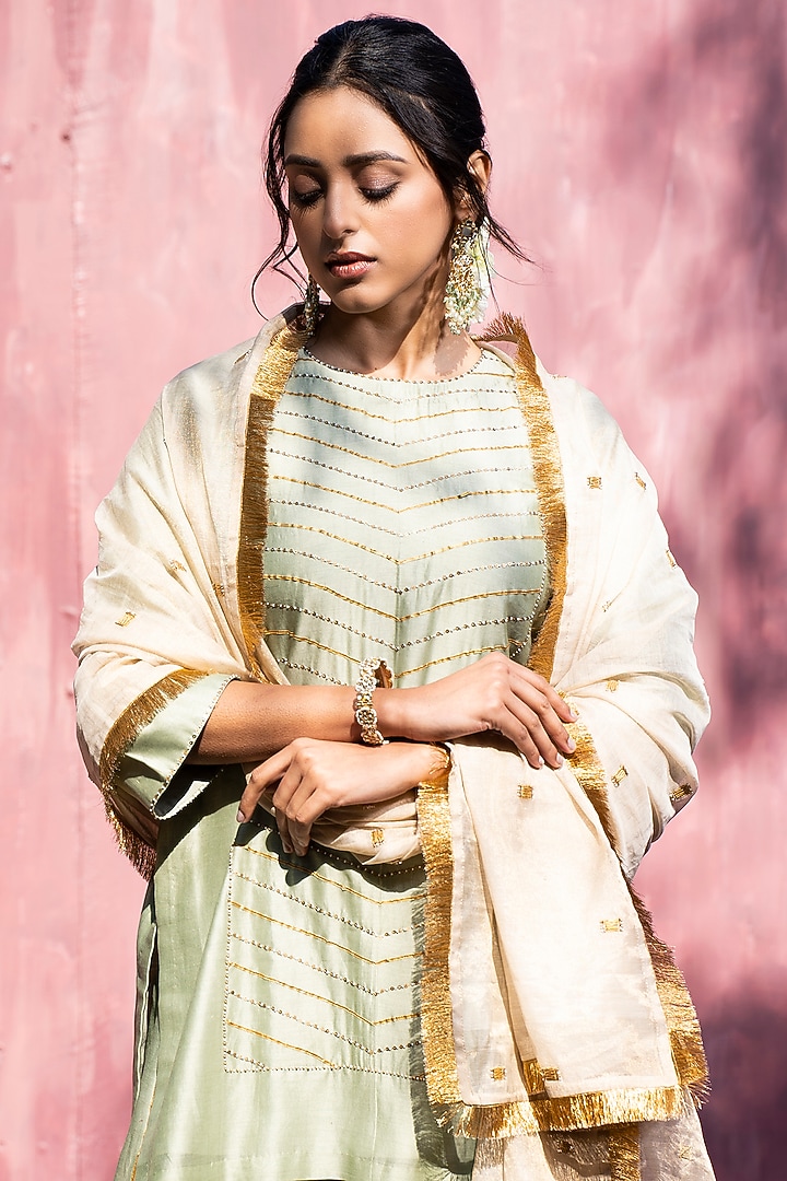 Pista Green Chanderi Silk Party Wear Sharara Set by Weaverstory at Pernia's Pop Up Shop