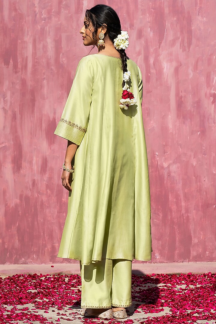 Lime Green Chanderi Silk Kalidar Kurta Set by Weaverstory at Pernia's Pop Up Shop