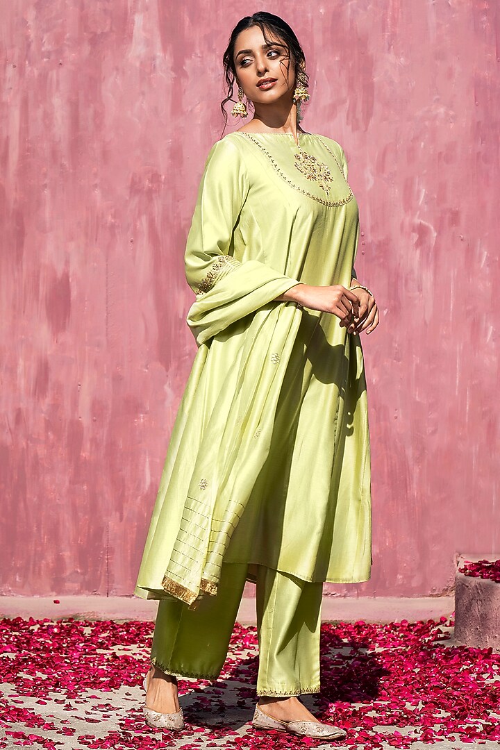 Lime Green Chanderi Silk Kalidar Kurta Set by Weaverstory at Pernia's Pop Up Shop