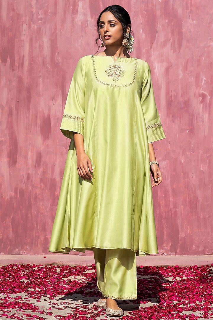 Lime Green Chanderi Silk Kalidar Kurta Set by Weaverstory at Pernia's Pop Up Shop