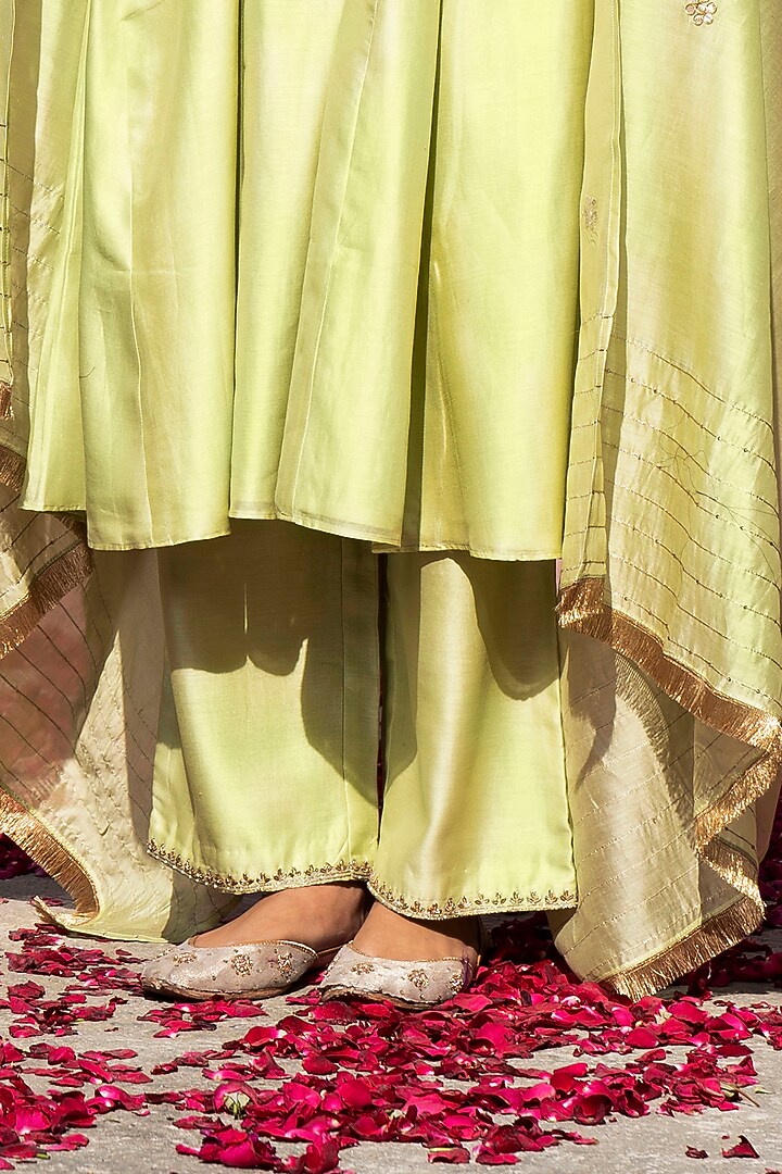 Lime Green Chanderi Silk Kalidar Kurta Set by Weaverstory at Pernia's Pop Up Shop