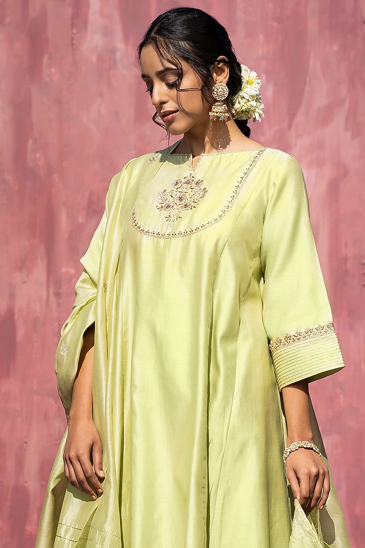 Lime Green Chanderi Silk Kalidar Kurta Set by Weaverstory at Pernia's Pop Up Shop