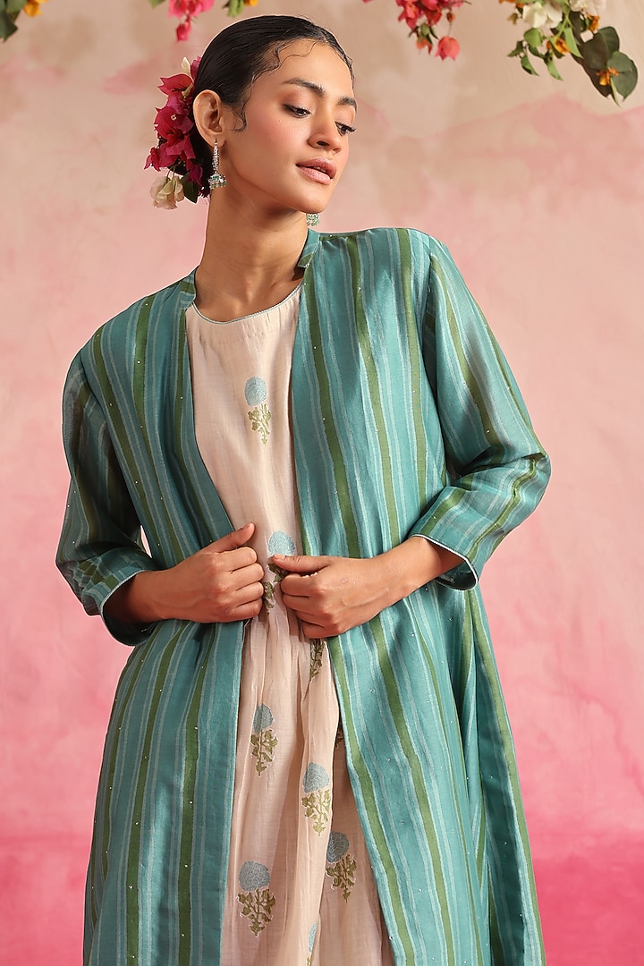 White Chanderi Silk Printed Jacket Vacation Dress by Weaverstory at Pernia's Pop Up Shop