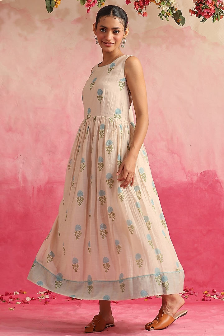 White Chanderi Silk Printed Jacket Vacation Dress by Weaverstory at Pernia's Pop Up Shop