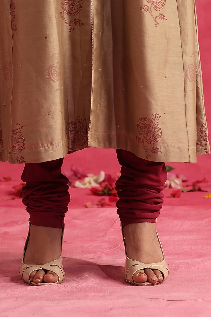 Olive Brown Chanderi Silk Party Wear Anarkali Set by Weaverstory at Pernia's Pop Up Shop