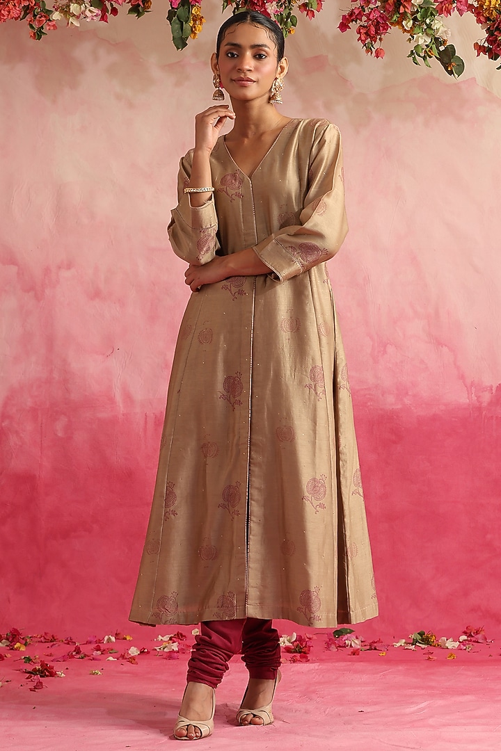 Olive Brown Chanderi Silk Party Wear Anarkali Set by Weaverstory at Pernia's Pop Up Shop