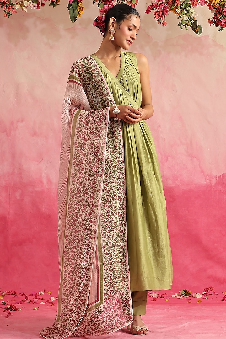 Green Chanderi Silk Angrakha Set by Weaverstory