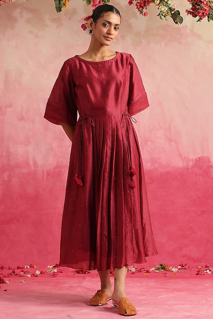 Magenta Chanderi Silk Summer Dress by Weaverstory at Pernia's Pop Up Shop