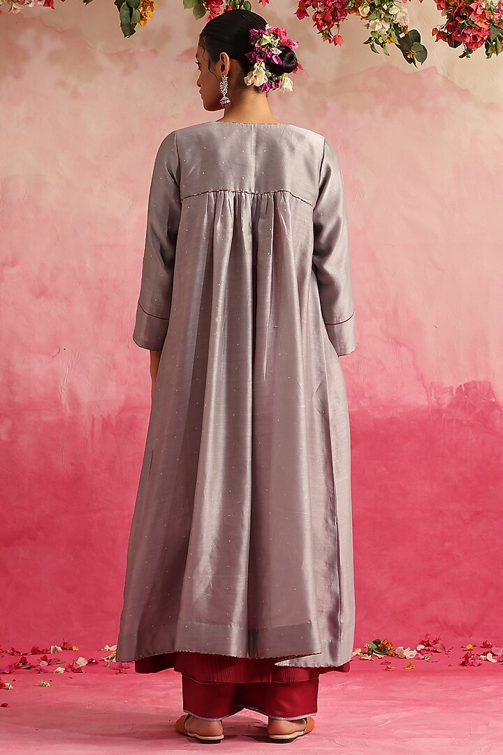Grey Chanderi Silk Jacket Set by Weaverstory at Pernia's Pop Up Shop