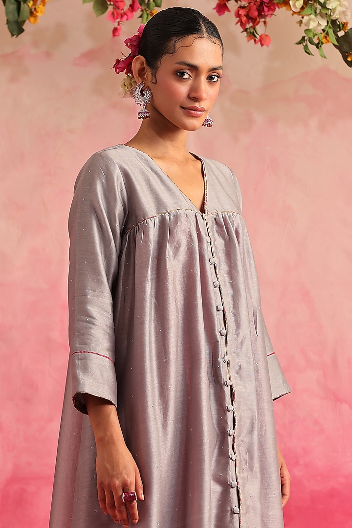 Grey Chanderi Silk Jacket Set by Weaverstory at Pernia's Pop Up Shop