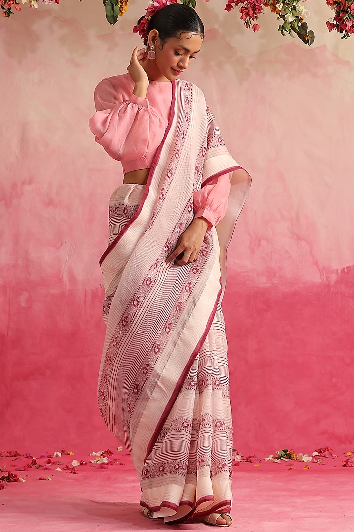 Off-White Organza Printed Saree by Weaverstory