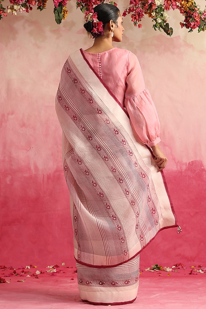 Off-White Organza Printed Party Wear Saree by Weaverstory at Pernia's Pop Up Shop