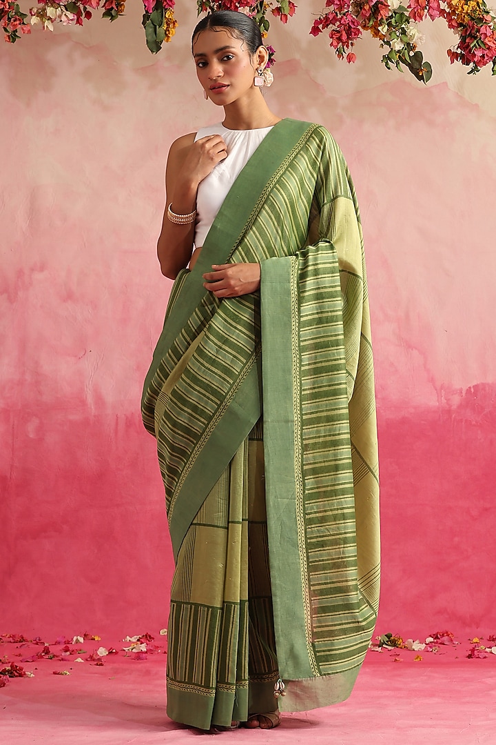Green Chanderi Printed Saree by Weaverstory