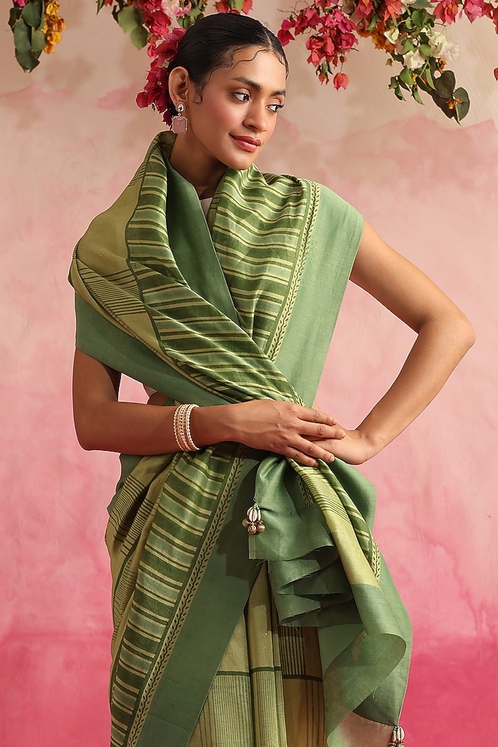 Green Chanderi Printed Party Wear Saree by Weaverstory at Pernia's Pop Up Shop
