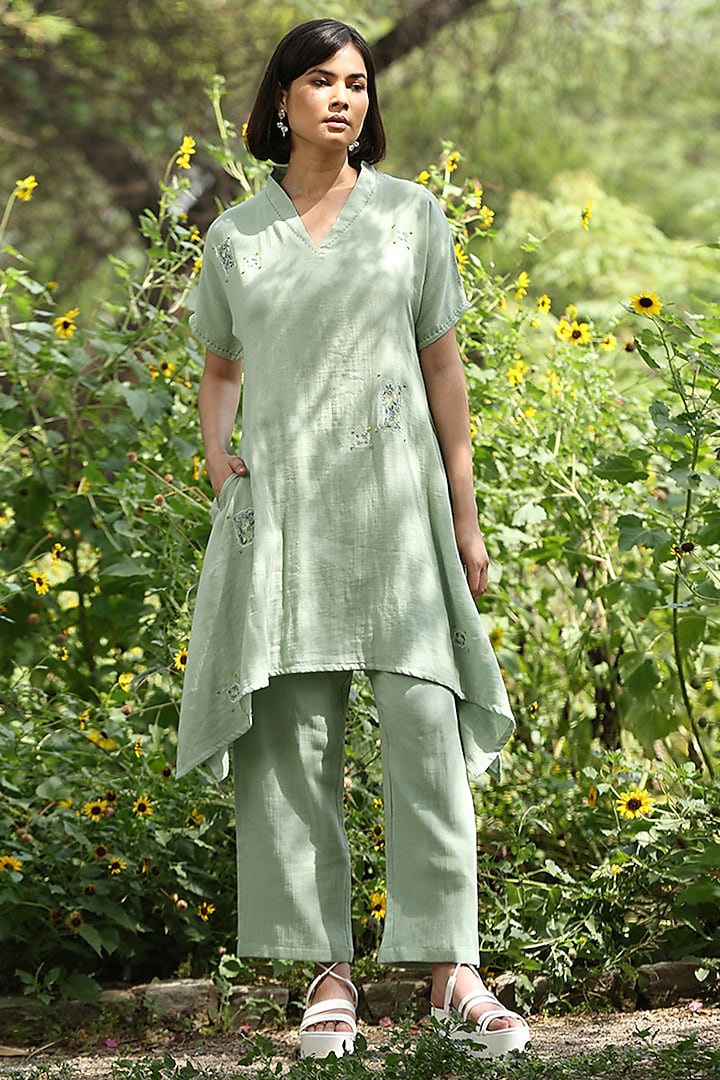 Sage Green Cotton Double Gauze Embroidered Co-Ord Set by Weaverstory at Pernia's Pop Up Shop