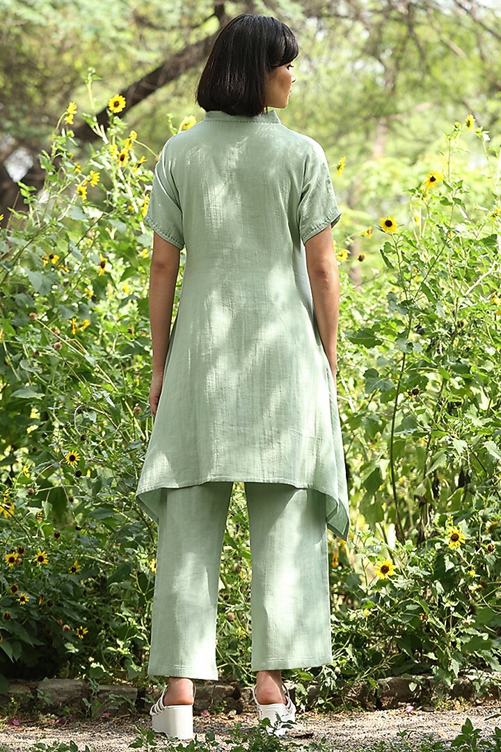 Sage Green Cotton Double Gauze Embroidered Co-Ord Set by Weaverstory at Pernia's Pop Up Shop