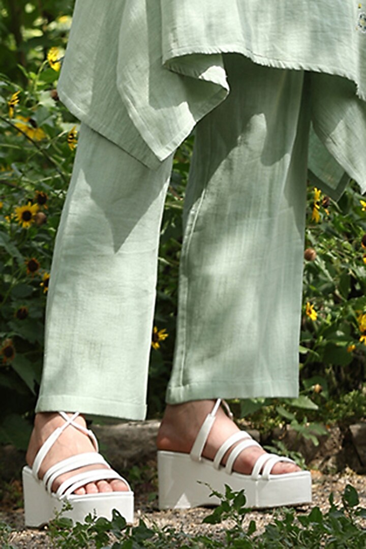 Sage Green Cotton Double Gauze Embroidered Co-Ord Set by Weaverstory at Pernia's Pop Up Shop