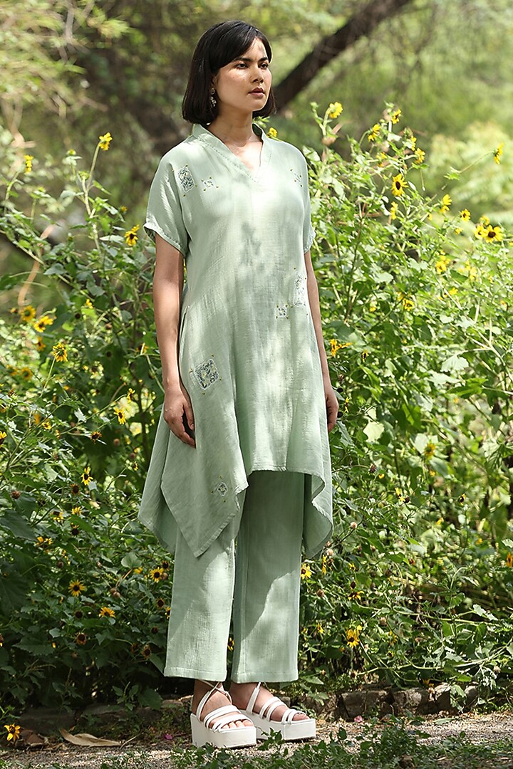 Sage Green Cotton Double Gauze Embroidered Co-Ord Set by Weaverstory at Pernia's Pop Up Shop