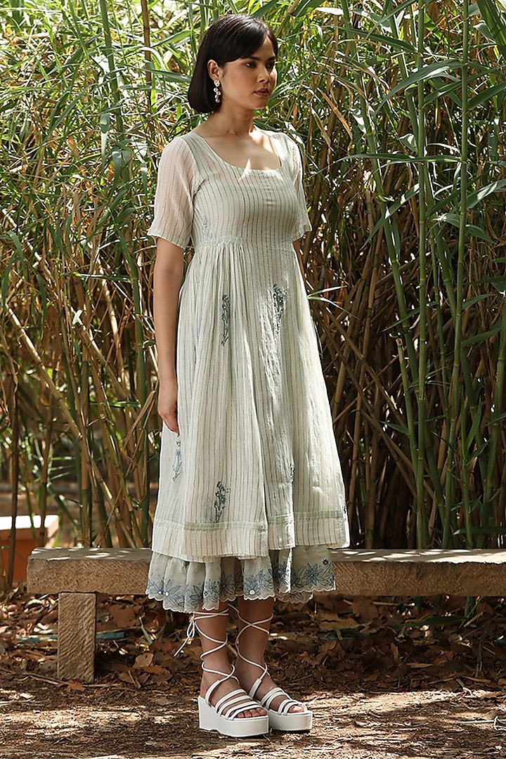 Pale Green Handloom Pure Chanderi Printed Midi Dress by Weaverstory at Pernia's Pop Up Shop