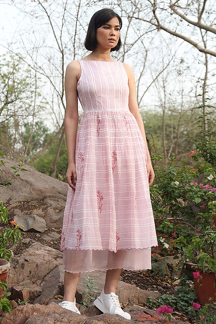 White Handloom Pure Chanderi Printed Midi Dress by Weaverstory at Pernia's Pop Up Shop