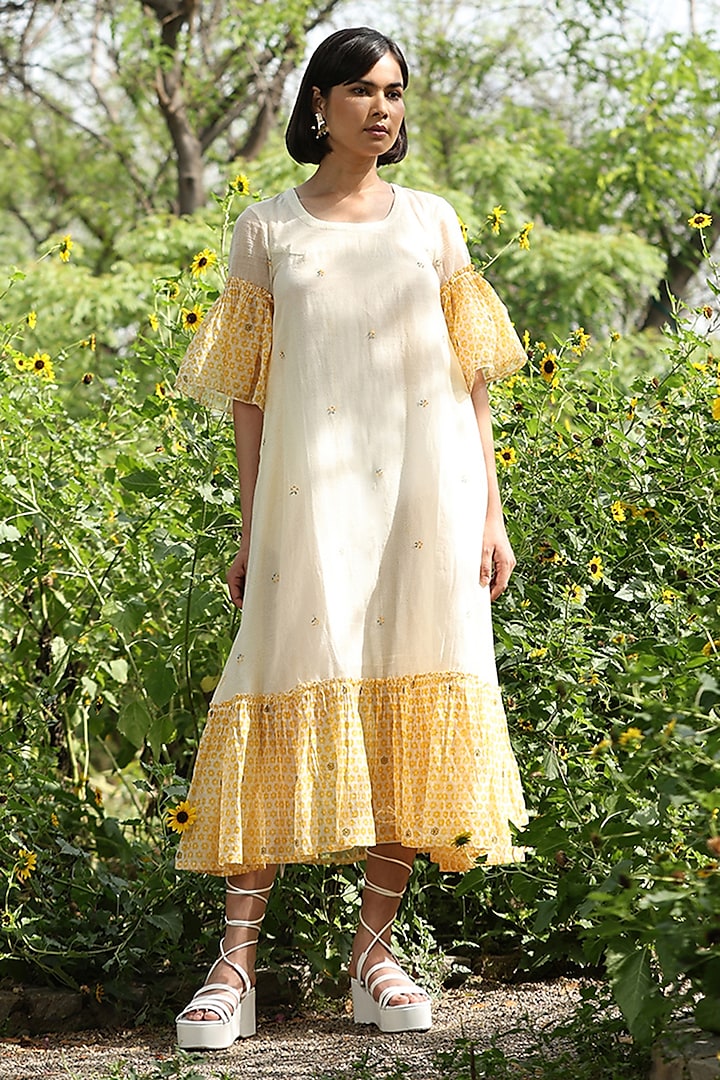 Yellow & White Handloom Pure Chanderi Hand Block Printed Midi Dress by Weaverstory at Pernia's Pop Up Shop