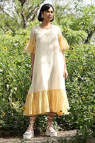 Yellow & White Handloom Pure Chanderi Hand Block Printed Midi Dress by Weaverstory