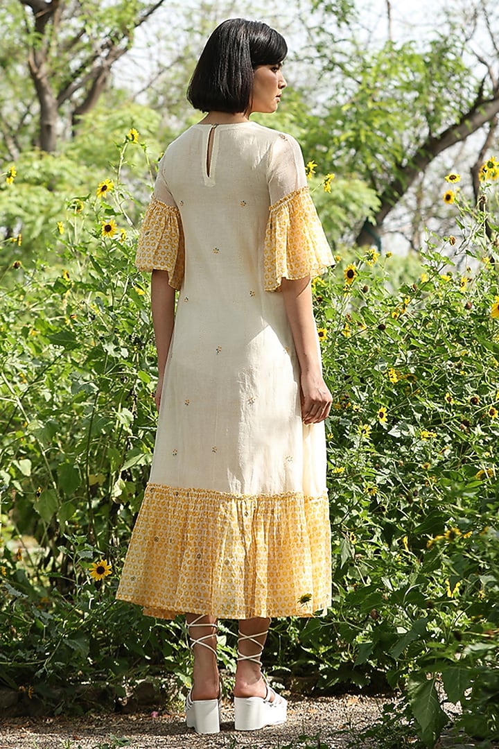Yellow & White Handloom Pure Chanderi Hand Block Printed Midi Summer Dress by Weaverstory at Pernia's Pop Up Shop