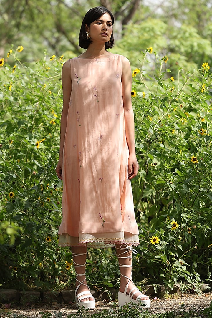 Peach Handloom Pure Chanderi Embroidered Midi Dress by Weaverstory at Pernia's Pop Up Shop