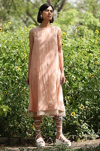 Peach Handloom Pure Chanderi Embroidered Midi Dress by Weaverstory