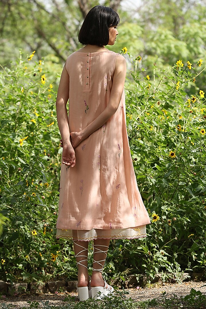 Peach Handloom Pure Chanderi Embroidered Midi Summer Dress by Weaverstory at Pernia's Pop Up Shop