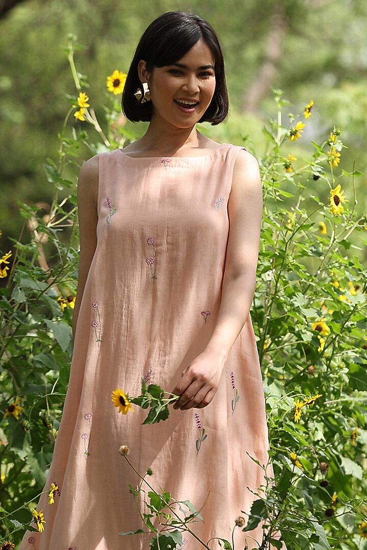 Peach Handloom Pure Chanderi Embroidered Midi Summer Dress by Weaverstory at Pernia's Pop Up Shop