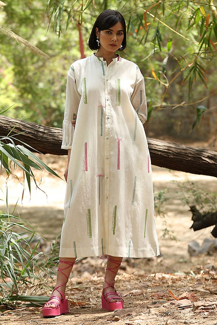 White Handloom Pure Chanderi Hand Block Printed Midi Shirt Dress by Weaverstory