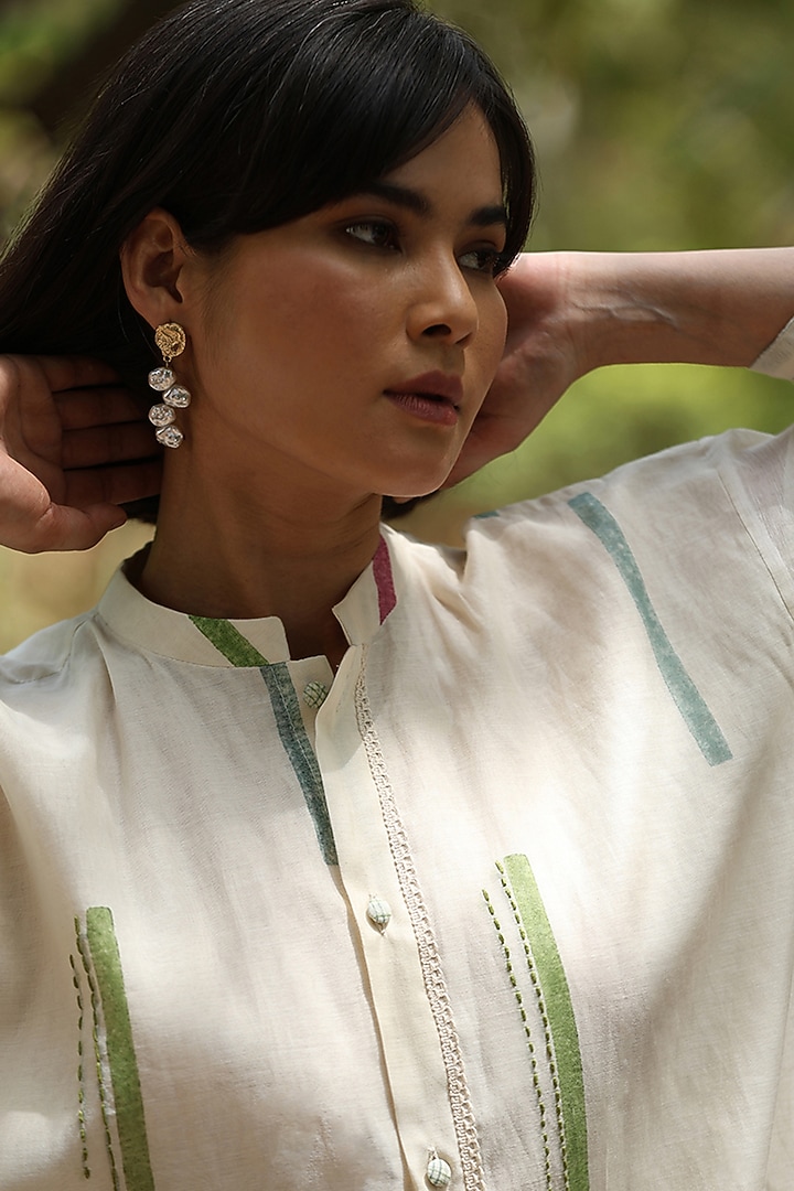 White Handloom Pure Chanderi Hand Block Printed Midi Summer Shirt Dress by Weaverstory at Pernia's Pop Up Shop