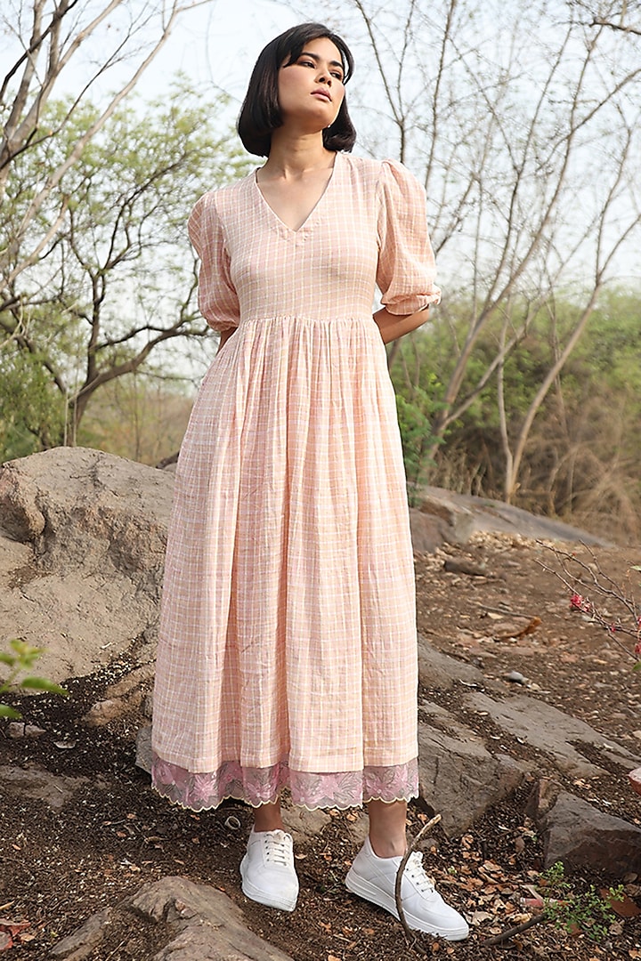 White Cotton Double Gauze Hand Block Printed Dress by Weaverstory at Pernia's Pop Up Shop