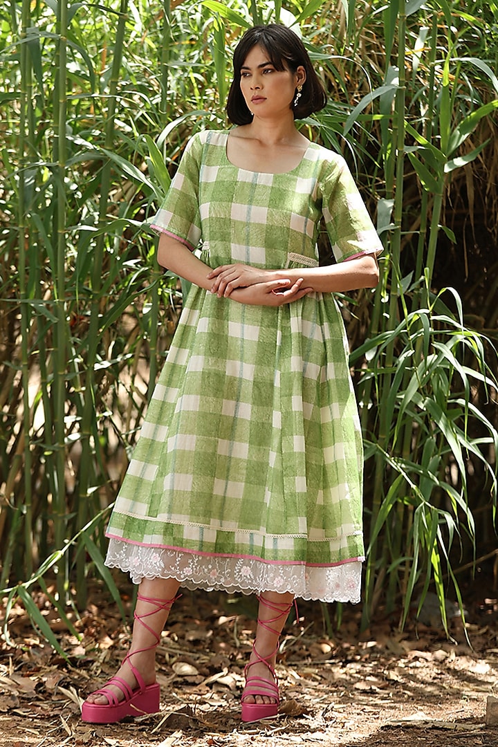 Green Handloom Pure Chanderi Hand Block Printed Dress by Weaverstory at Pernia's Pop Up Shop