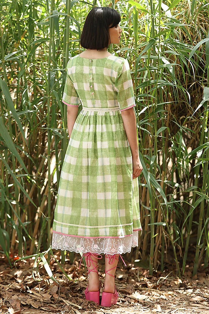 Green Handloom Pure Chanderi Hand Block Printed Vacation Dress by Weaverstory at Pernia's Pop Up Shop